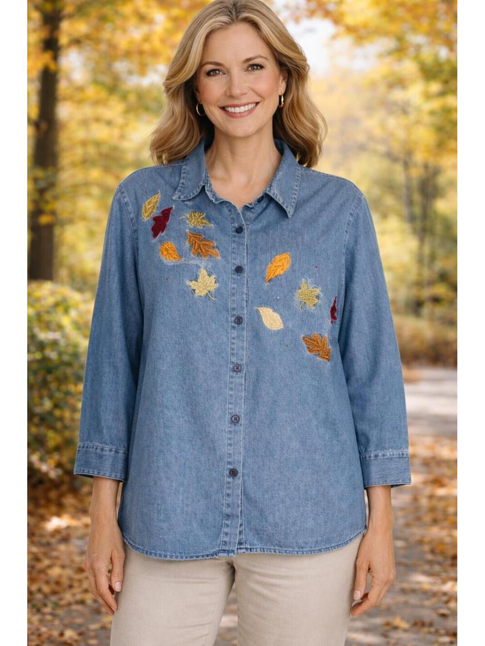 Breckenridge Women's Embroidered Fall Leaves Button Front Denim Top, Lg.